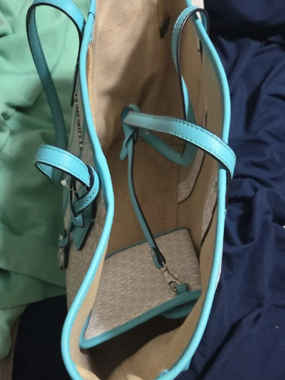 Michael Kors White and Turquoise MK Logo Tote with Wristlet